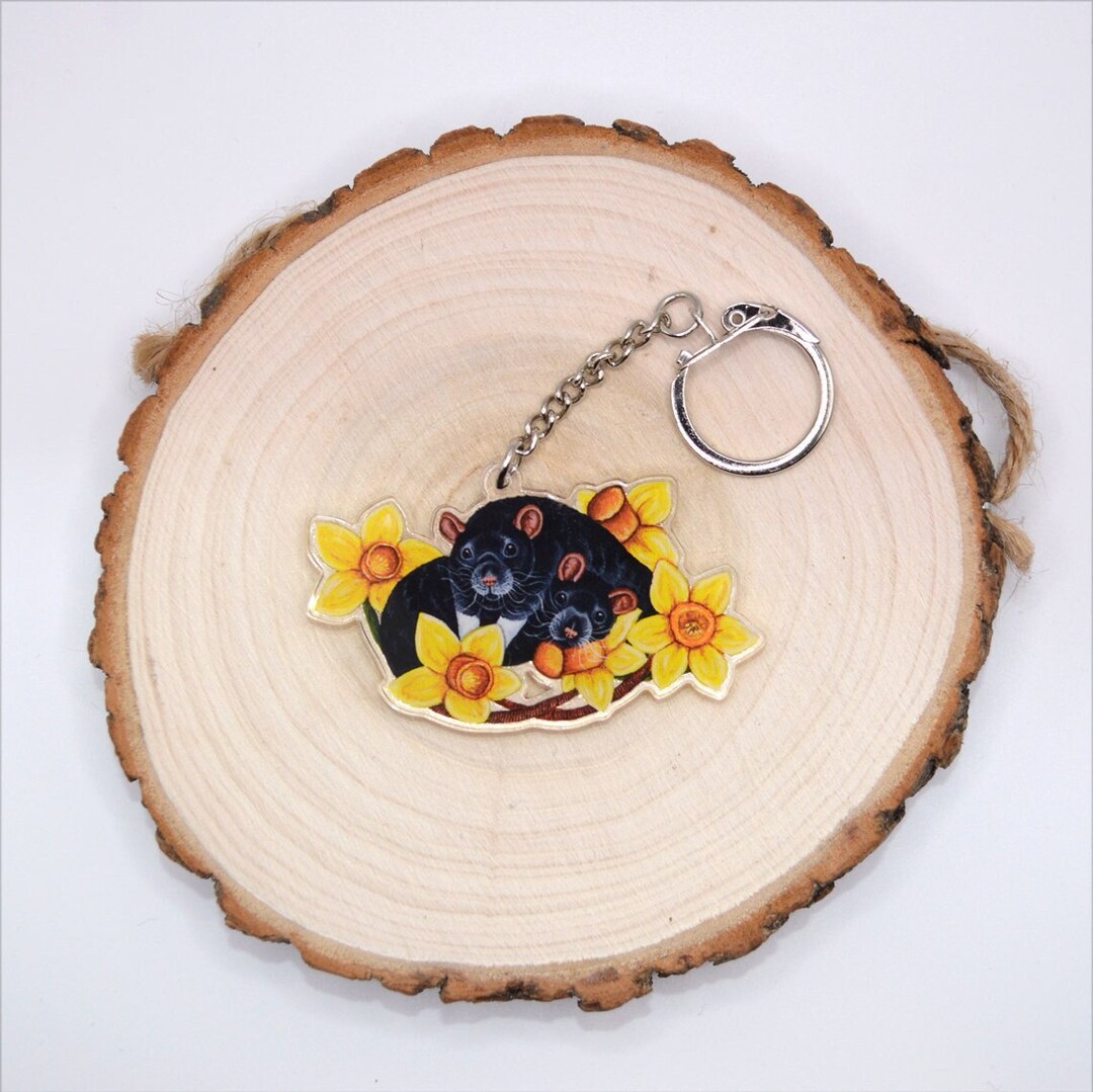 Rat Keychain, Acrylic Keyring, Black Rats and Daffodil Flowers, Rat ...