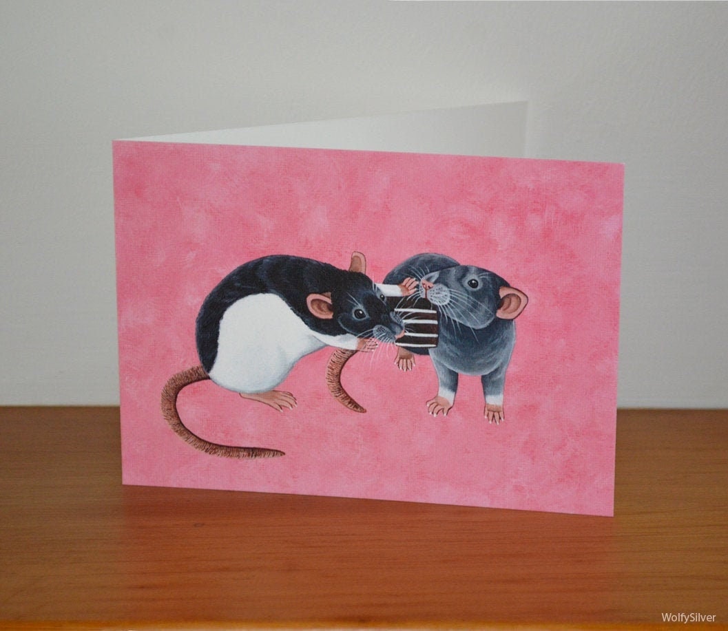 Fancy Rats Greetings Card, Rats with Chocolate Card, Rat Lovers Greetings Card