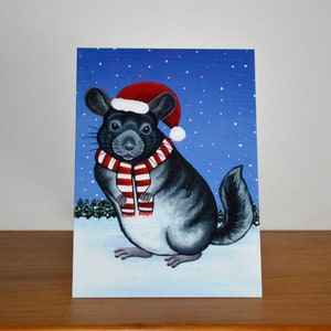 Biglietto di Natale cincillà, biglietto di Natale cincillà grigio, cappello di Babbo Natale, design innevato