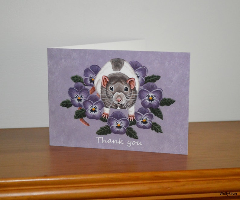 Thank You Rat Greetings Card, Thanks Note Card, For Rat Lovers, Vets, Friends, Just to Say Thank You, Violas, Pansies, Rat and Flowers image 1