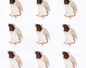 May include: Nine round stickers featuring a white rat with brown fur on its head wearing a halo and white angel wings. The rat is standing on its hind legs with its tail curled behind it.