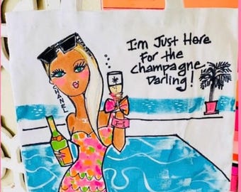 "Handbemalte ""Champagne Darling"" Jutebeutel."