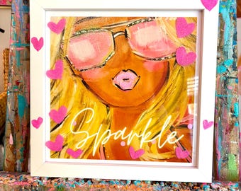 Pink Hearts Glitter  Sparkle this is a white framed print measuring 12” x 12” for your small space living Preppy Glam Decor