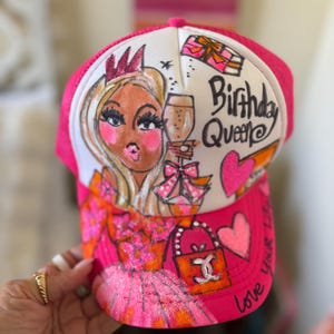 Birthday Queen pink trucker  Hat by Robin Hiers makes a great birthday outfit accessory for any setting on your special day