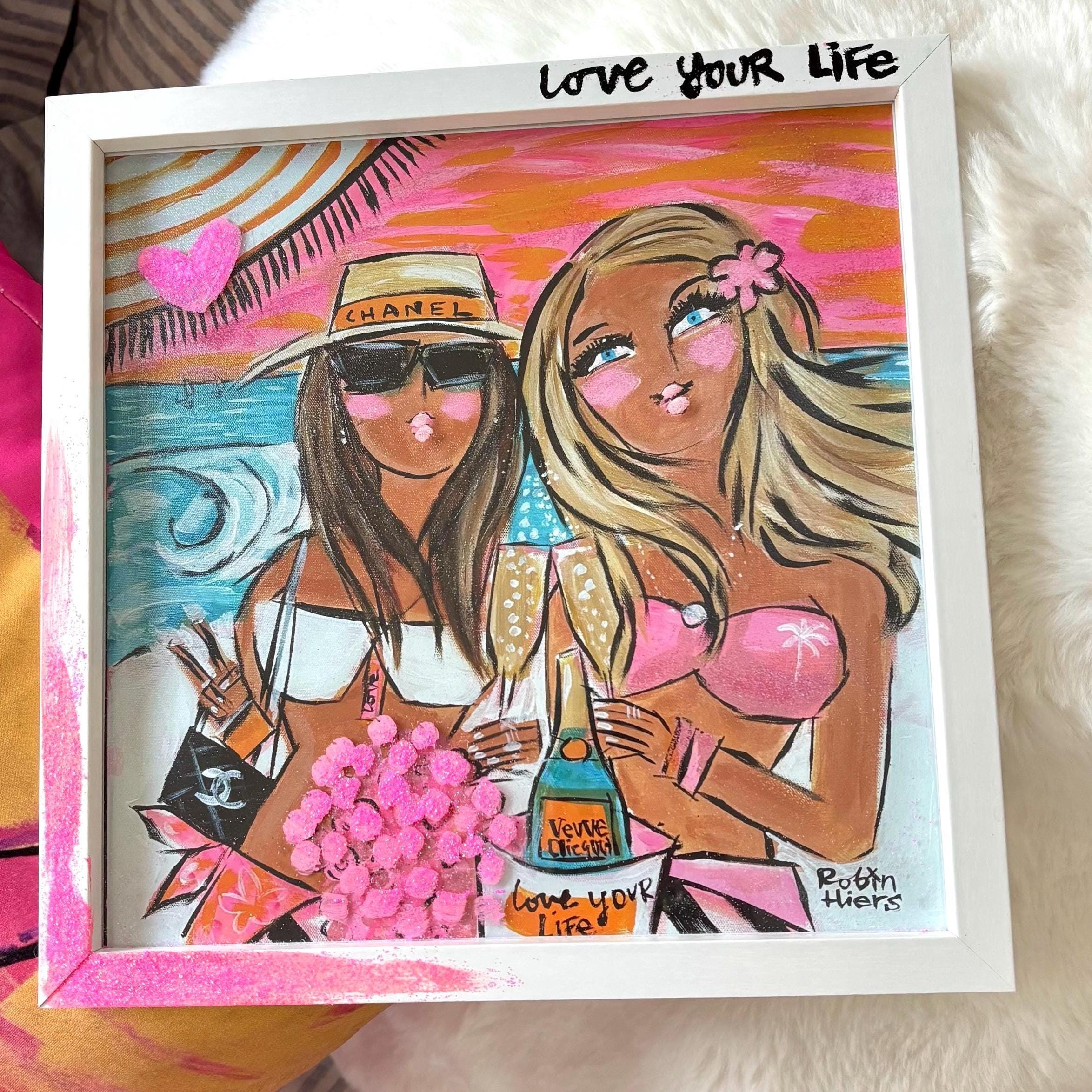 Champagne Besties Glitter  Sparkle this is a white framed print measuring 10” x 10” for your small space living Preppy Glam Decor