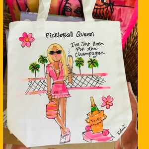 Pickleball Queens, oto ona - śliczna torba płócienna ręcznie malowana specjalnie dla Ciebie, super słodki prezent Jestem tu tylko po szampana