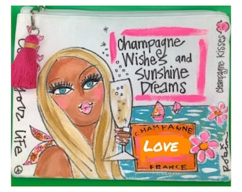Handbemalte Kosmetiktasche aus Baumwolle mit Quaste: Champagne Wishes Art