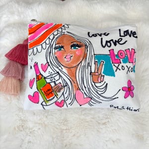 Handbemalte 20 x 25 cm groovy Tasche mit Quaste Vintage Champagner Babe Mod adrette Farben cute fun happy Kunst Bubbles by the Pool or sea
