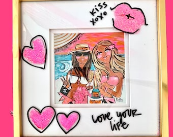 Great Gift Bestfriends by the Sea with champagne print Handpainted gold frame ready for gift giving tabletop print summer style