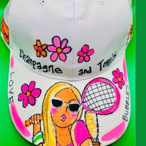 Champagne and Tennis White Baseball Hat is the instant cute factor in your tennis outfit