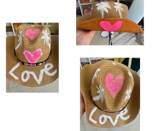 Tan straw cowboy hat, cowboy hat, country wedding, country festival, coachella, disco cowgirl, cowgirl, palm trees hearts and Love Cowboy