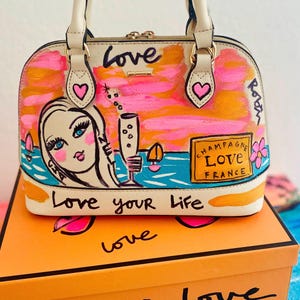 Sac à main de style sacoche végétalien peint à la main, best-seller pour femme, coloré et fantaisiste artistique vie de champagne