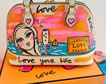 Damen Bestseller handbemalte Vegan Satchel Stil Handtasche Bunt und wunderlich künstlerische Champagner Leben