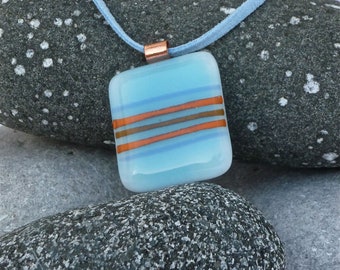 Sky blue striped fused glass pendant