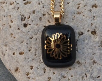 Black flower fused glass pendant