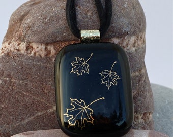 Black leaves fused glass pendant