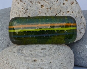 Green racing stripes fused glass brooch