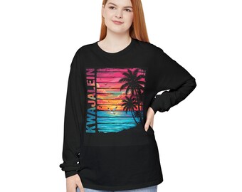 Kwajalein Palms and Shoreline on Black Unisex Garment-dyed Long Sleeve T-Shirt