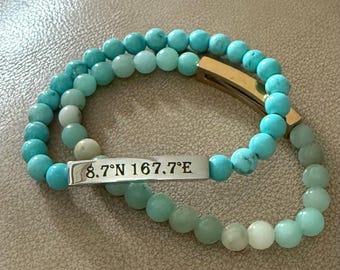 Kwajalein Coordinates Natural Stone Stretch Bar Bracelet