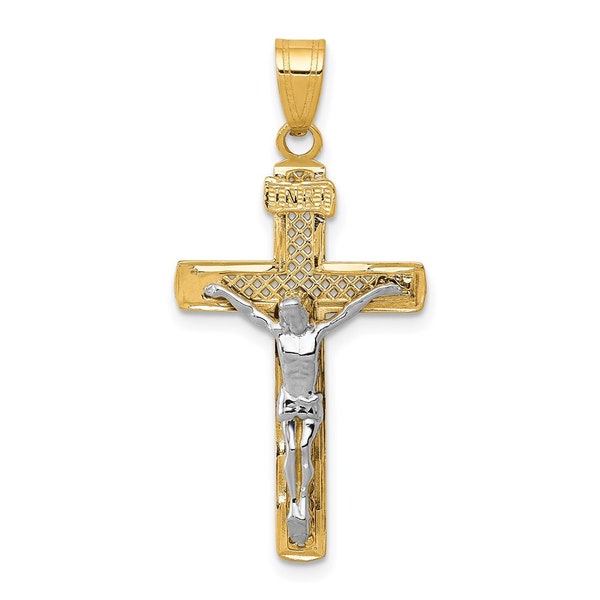 10K Gold Two-tone D/C Medium Block Lattice Cross w/Crucifix Pendant