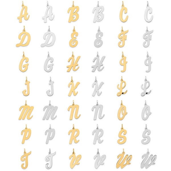 14K Solid Gold Initial Letter Alphabet Charm Pendant Script Font Simple Minimalist Yellow, White or Sterling Silver, Large ,Medium, Small