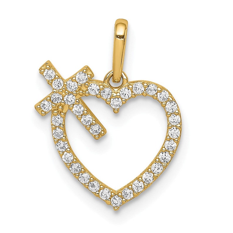 14K CZ Heart with Cross Pendant New Charm Yellow Gold