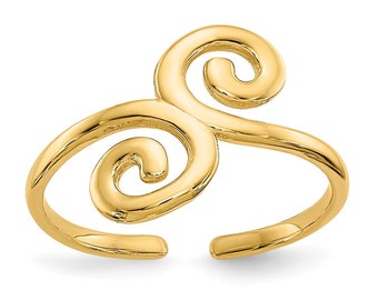 14k Yellow Gold Solid Toe Ring Swirl Adjustable