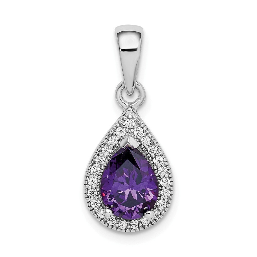 Purple CZ Long Goodbye Necklace Rhodium-Plated Sterling Silver 18 27x15MM