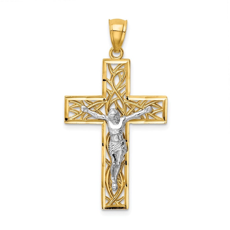 14k Two-tone Satin /& Polished DC Crucifix wVines Pendant New Religious Charm