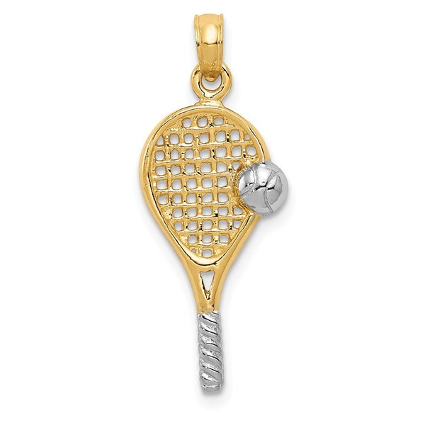 Pendentif raquette de tennis 14 carats polie au rhodium nouveau pendentif sport or jaune