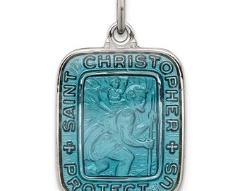 Colgante de medalla de San Cristóbal cuadrado de esmalte azul de plata de ley, dije religioso