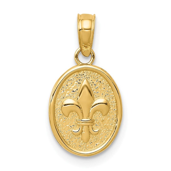 14K Polished Small Fleur De Lis In Oval Pendant New Charm Yellow Gold