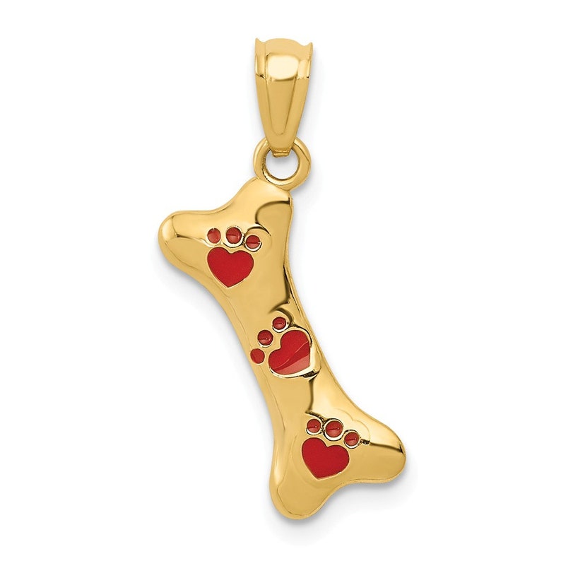 0.71 in x 0.55 in 14K Gold Yellow Gold Dog Bone with Red Enamel Paw Prints Pendant