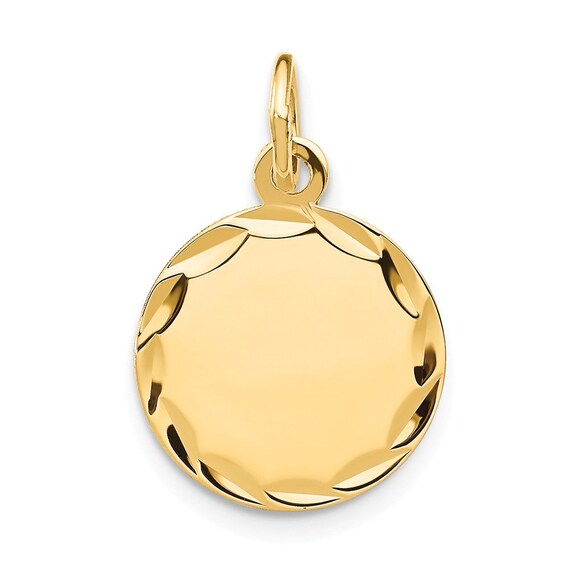 14K Solid Yellow Gold Etched .009 Gauge Engravable Round Disc Charm 20mm x 13mm