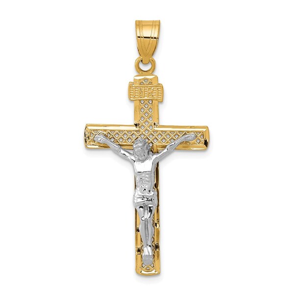 14K Two-tone D/C Large Block Lattice Cross w/Crucifix Pendant Religious Charm