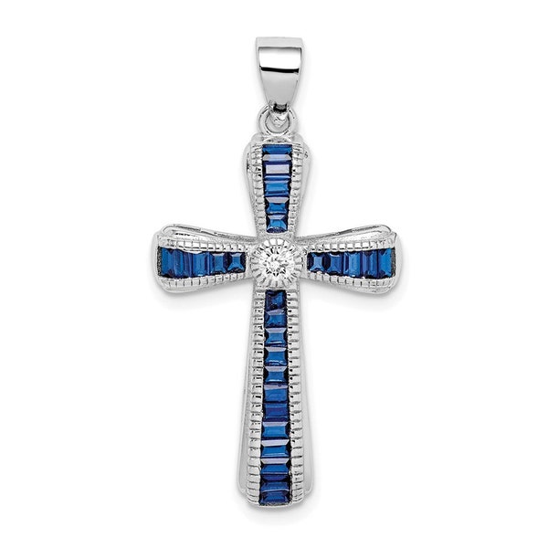 Pendentif croix en argent sterling plaqué rhodium et spinelle bleue synthétique