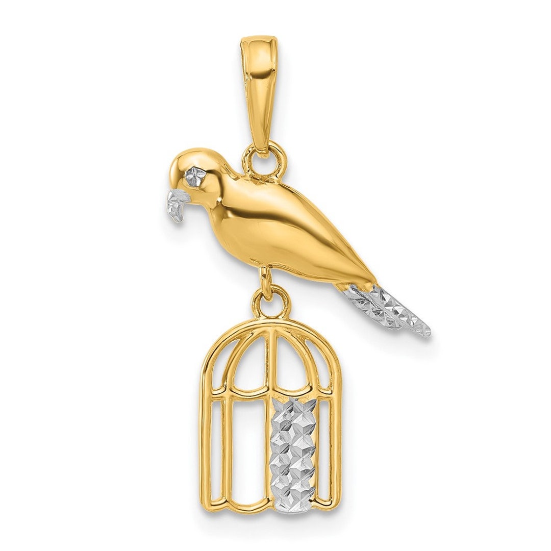 14K Gold and White Rhodium D/C Bird on Bird Cage Pendant Etsy
