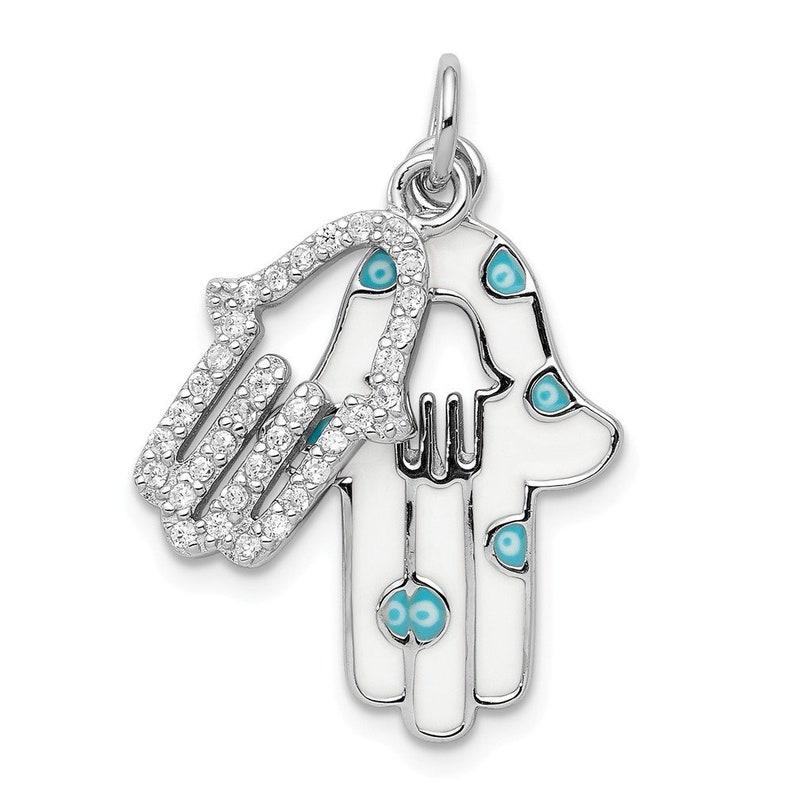 Sterling Silver Rhodium-plated Enamel Hamsa wCZ pendant New Charm