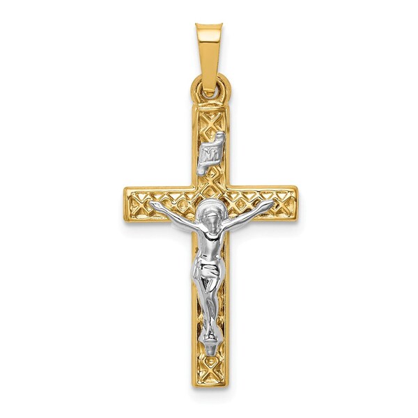 14k Two-tone Polished Lattice Textured INRI Crucifix Pendant New Religious Charm