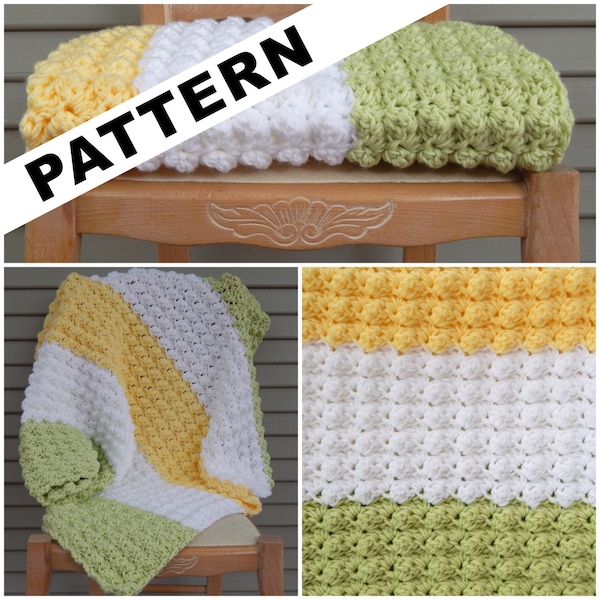 As seen on General Hospital / Pattern - Tri-Color Puff Blanket / green white yellow blanket / Crochet pattern / Baby blanket pattern
