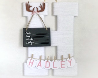 Hospital Door Hanger Girl / Nursery Door Decor / Letter H / Baby Girl Name  / Leather Antler and flowers / Baby Shower Gift / Door Hanger