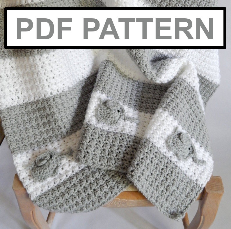 PATTERN / As seen on TV Crocheted grey /white blanket with Elephant accent / Crochet blanket pattern / blanket pattern / crocheted pattern image 1