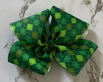 Large St. Patrick’s Day bow, green plaid with spring clip