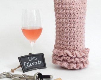Pink ruffle Crocheted Wine holder, crochet wine tote