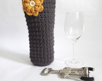 Graphite grey with golden accent flower crocheted wine holder, wine tote, wine cozy