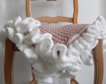 Rosy Pink crocheted baby blanket with white ruffle edging, baby crocheted blanket
