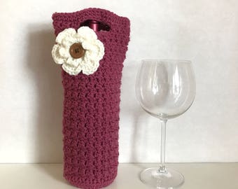 Mulberry crocheted wine holder with crochet flower and button accent / crochet flower / housewarming gift / thanksgiving host gift