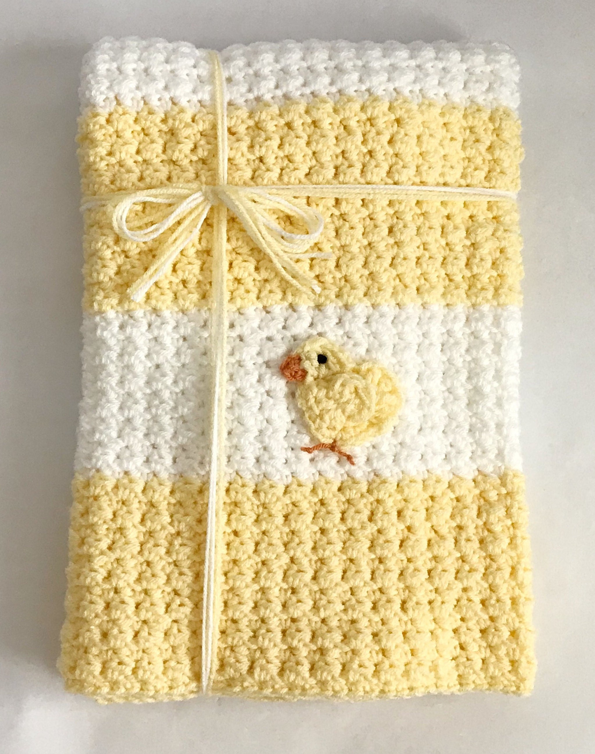 Crocheted white and pale yellow blanket with baby chick accent Etsy