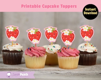 Strawberry Cupcake Toppers, Digital File, Printable, Strawberry Party, Strawberry Party Decorations, Baby Shower, Kids Party, Birthday