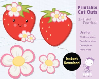 Strawberry Party Decorations, Printable Digital File, Strawberry Birthday Party Cut Outs, Centerpieces, Photo Props, Berry Cutouts